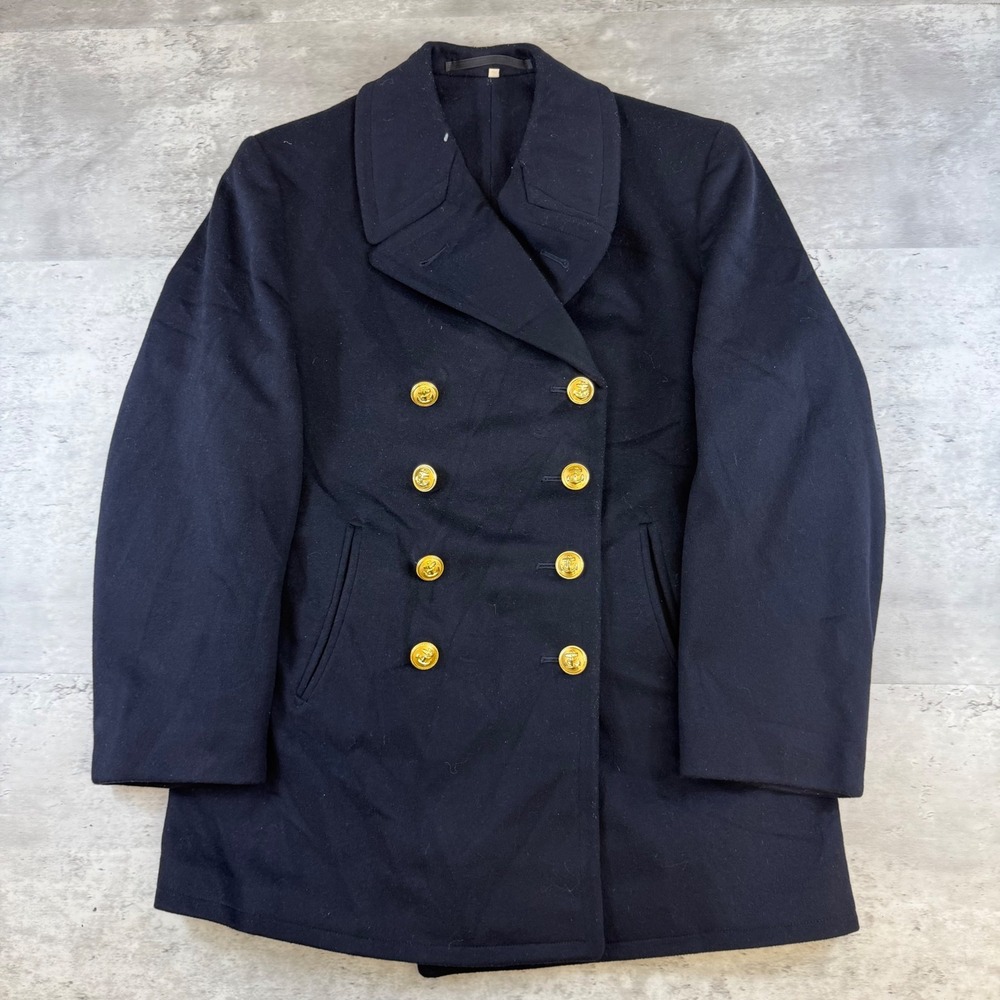 Vintage Navy Blue Double Breasted Pea Coat Gold Anchor Buttons Size 12